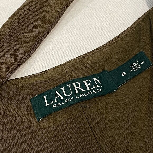~ Lauren Ralph Lauren 8 Cocktail Dress LRL Lined Midi Stretch Olive Asymmetrical - Picture 10 of 16